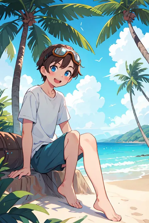 masterpiece,best quality,1man,solo,goggles on head,male focus,blue eyes,outdoors,barefoot,shorts,open mouth,smile,looking at viewer,sitting,beach,blush,tree,brown hair,sky,palm tree,ocean,day,fantasy,scenery,<lora:GoodHands-vanilla:1>,