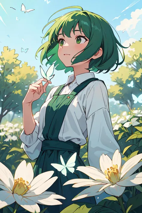 cinematic pose,High detail,super detail,super high resolution,girl with short green hair enjoying her time in the open field,surrounded by the beauty of nature,warm sun sprinkling on her,white flowers gently swaying in the breeze. Butterflies and birds flutter around her,adding to the playful atmosphere,<lora:GoodHands-beta2:1>,