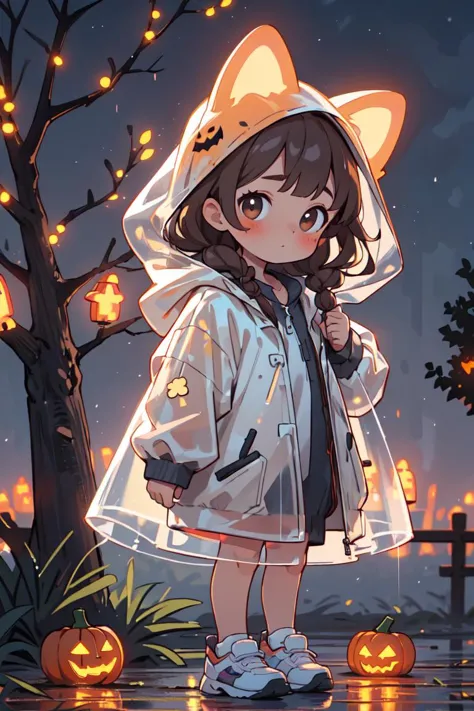 masterpiece,best quality,4k,1girl,raincoat,pop style,glowing,solo,looking at viewer,halloween,pumpkin,blush,long hair,bangs,brown hair,animal ears,brown eyes,standing,outdoors,shoes,blurry,tree,see-through,night,blurry background,animal hood,<lora:GlowingPP:0.7>,<lora:GoodHands-vanilla:1>,