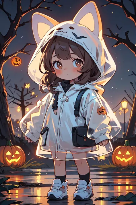 masterpiece,best quality,4k,1girl,raincoat,pop style,glowing,solo,looking at viewer,halloween,pumpkin,blush,long hair,bangs,brown hair,animal ears,brown eyes,standing,outdoors,shoes,blurry,tree,see-through,night,blurry background,animal hood,<lora:GlowingPP:0.7>,<lora:GoodHands-vanilla:1>,