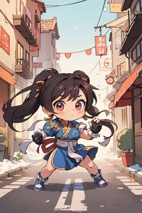 (chef-d&#39;œuvre),(Meilleure qualité), 1fille,chibi, CHUN-LI, tout le corps,combats de rue. 