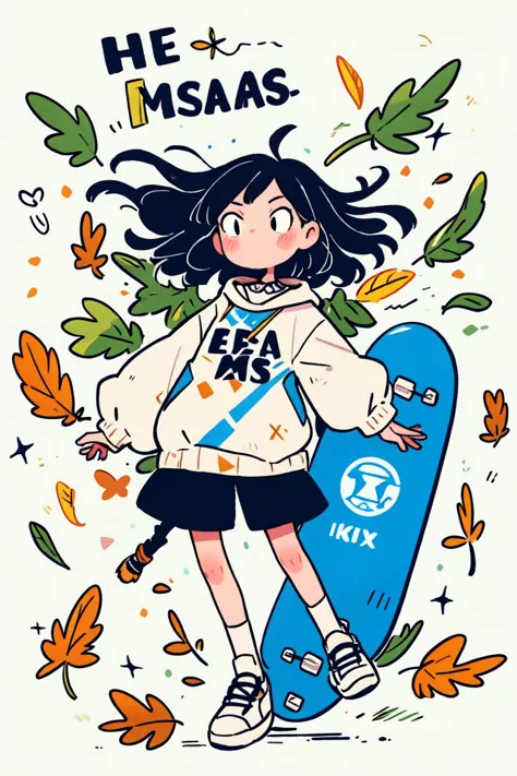 Masterpiece,best quality,highres,extremely clear 8K wallpaper,high quality, <lora:mjty:0.8>,mj-tyg,solo,(1girl:1.1), Skateboard, fallen leaves