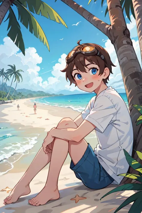 masterpiece,best quality,1boy,solo,goggles on head,male focus,blue eyes,outdoors,barefoot,shorts,open mouth,smile,looking at viewer,sitting,beach,blush,tree,brown hair,sky,palm tree,ocean,day,<lyco:GoodHands-beta2:1.0> ,fantasy,scenery,