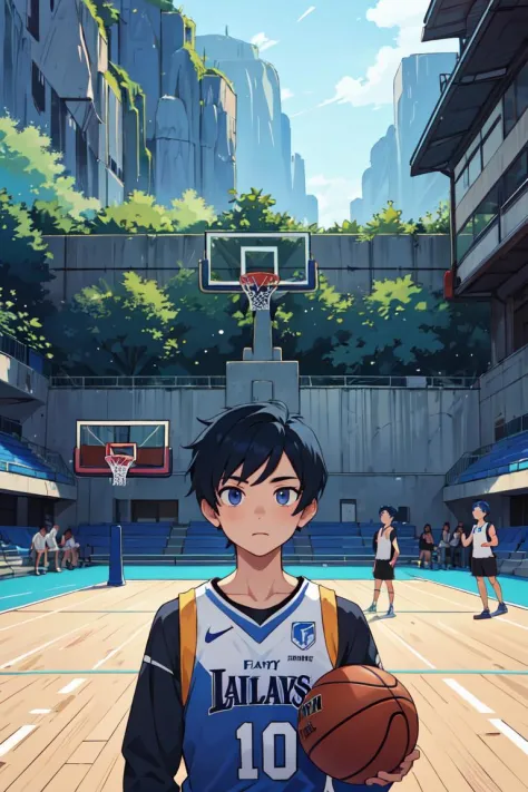 masterpiece,best quality,1boy, solo, male focus, looking at viewer, upper body, black hair, blue hair, Basketball Court, fantasy, scenery,