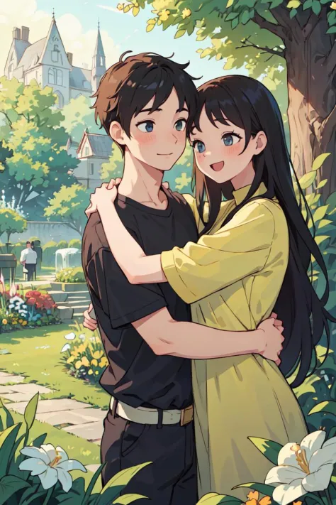 masterpiece,best quality,2others, couple, 1boy with 1girl, mature, (Height difference1.3), different hair color, happy, love, (hug), upper body, long hair girl, blonde and black hair, fantasy, spring, garden, scenery,