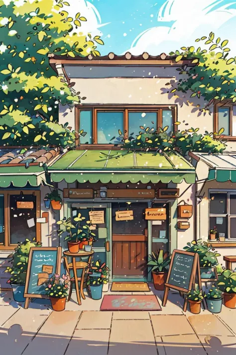 JZCG021,Flower store,coffee spot,tables,chairs,no one,windows,flowers,plants,potted plants,watercolor (medium),landscapes,doors,...