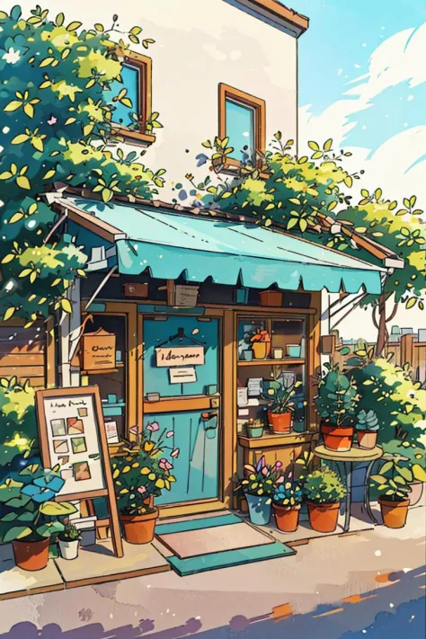 JZCG021,Flower store,coffee spot,tables,chairs,no one,windows,flowers,plants,potted plants,watercolor (medium),landscapes,doors,air conditioning,paintings (medium),traditional media,houses,outdoors,balconies,architecture,masterpiece,best quality,high quali...