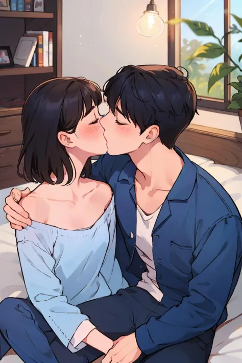 Concept art,love themes,illustrations,1boy,1girl,kiss,hetero,brown hair,closed eyes,topless male,blush,black hair,pajamas,blue p...