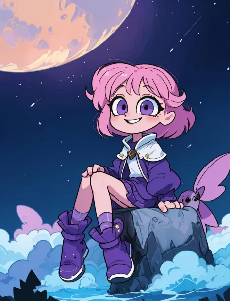 <lora:kim-crab:1> a girl sitting on a cloud looking up at the stars, smiling, dreamland, pinks and purples, (masterpiece:1.5, best quality), 8k wallpaper, highres, high resolution,HDR.UHD,Highly detailed, extreme detail  <lora:GoodHands-beta2:0.8>