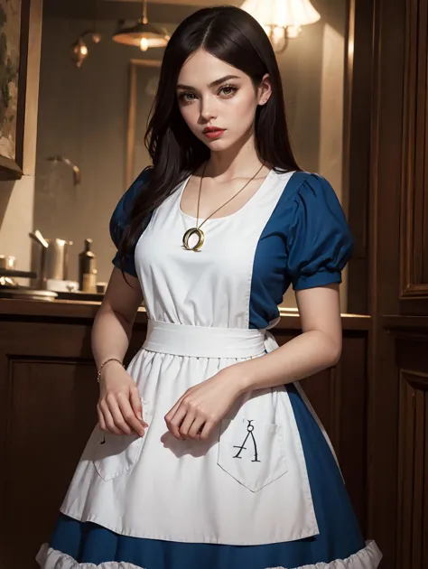 a woman in a white and blue dress standing in a kitchen