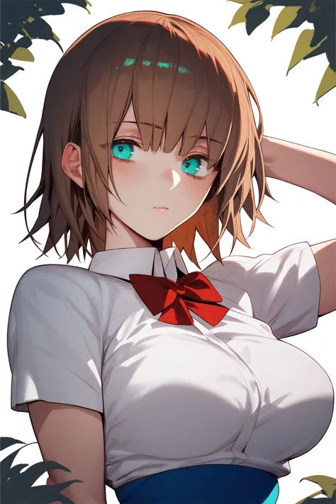 anime girl with blue eyes and a white shirt and red bow tie