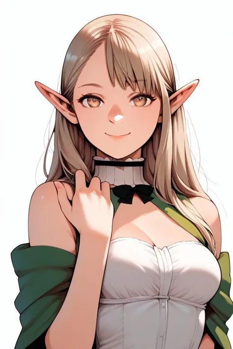 anime girl with elf ears and green cape posing for the camera