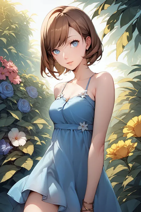 score_9, score_8_up, score_7_up, 1girl, :>, looking at viewer, dark_brown hair, side-swept_bangs, blue eyes, medium breasts, half-dress, Summer's_Darling \(flower\), blue_background <lora:Soejima_Shigenori_PonyXL_style_v01:1>