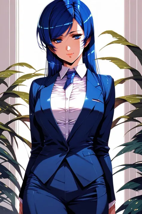 anime girl with blue hair and a suit and tie