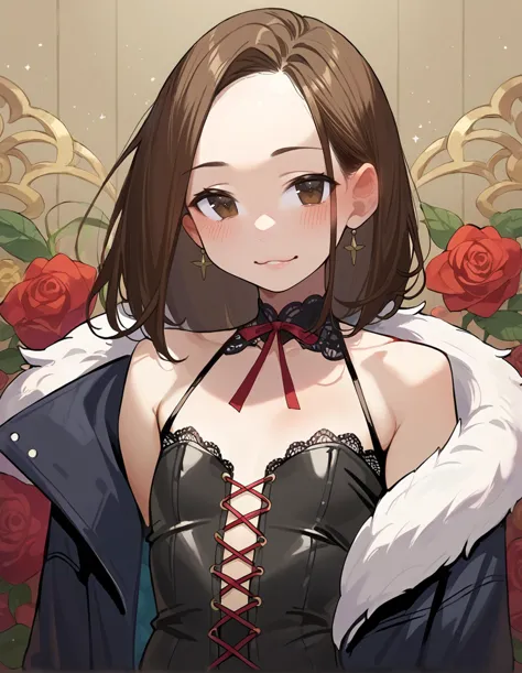 anime girl in black dress with red roses in background