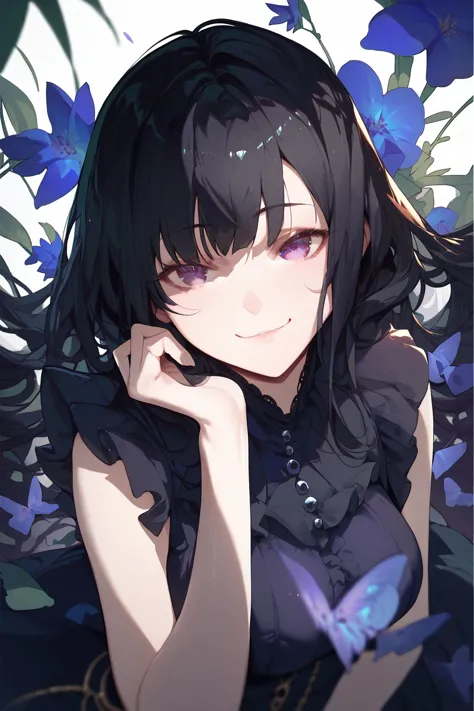 anime girl with black hair and blue eyes sitting in a field of flowers