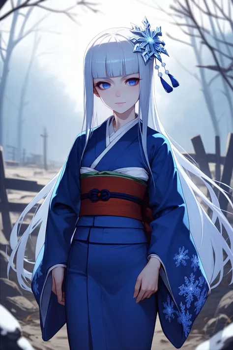 score_9, score_8_up, score_7_up, female, Yuki Onna \(monster girl encyclopedia\), kimono, pale skin, blunt bangs, hair ornament, japanese clothes, sash, obi, snowflake hair ornament, yuki onna, :>, hair_between_eyes, flat chest, wasteland, god rays, depth of field