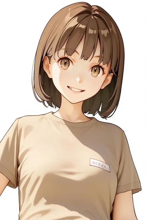 anime girl with brown hair and brown eyes wearing a tan shirt