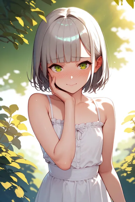 score_9, score_8_up, score_7_up, 1girl, embarrassed nose blush smile, looking at viewer, light_grey hair, long_fringe, dark_green eyes, flat chest, hand on own face, god rays