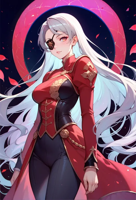 a woman with long white hair and glasses standing in front of a red circle