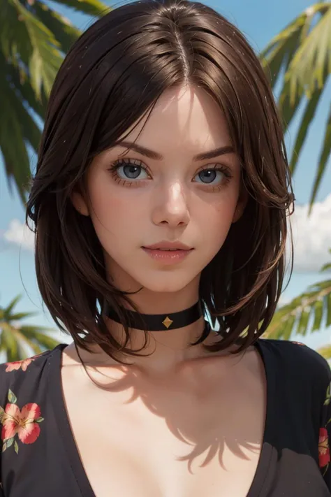 looking at viewer, (portrait, close up: 1.2), parted lips,
anitac,1girl, medium brunette hair, bangs, black choker, medium breasts, dress shirt, floral pattern,
realistic, picturesque, backlit, tropics, summer day, 
<lora:anita_c_v7-04:0.8>