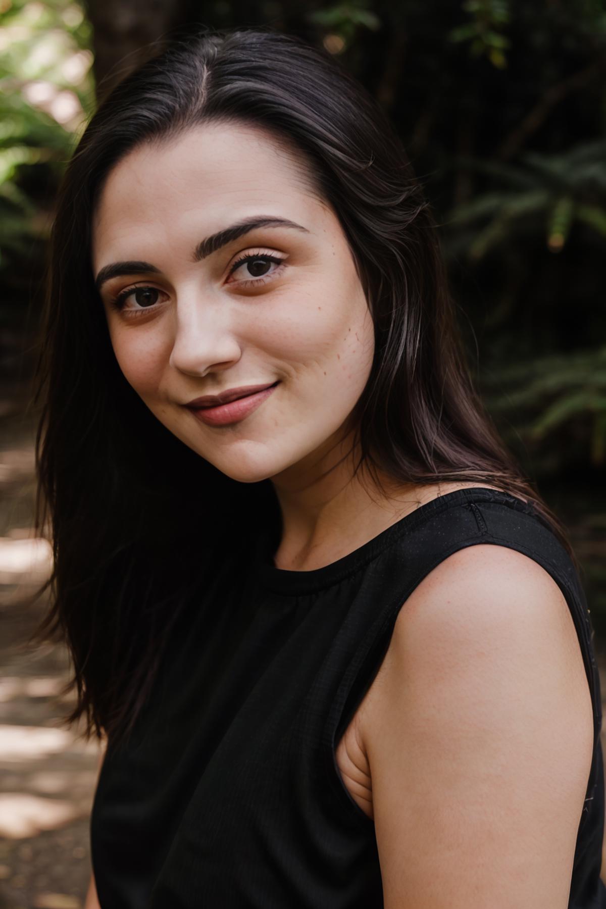 A close up of a woman smiling in a wooded area - SeaArt AI