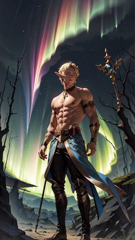 A topless, muscular male elf, holding a glowing magical staff, standing at the entrance of an enchanted forest, beneath an auror...