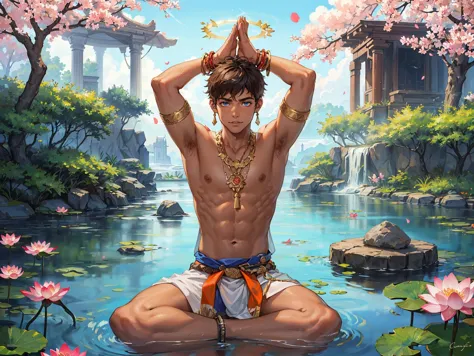 Fantasy setting,1boy, short black hair,blue eyes, ( brown skin:1.3), orange loincloth, indian Prince, hindu temple in background...