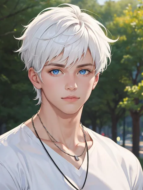 best quality,masterpiece,highres,realistic,1boy,male focus,solo,upper body,looking at viewer,white hair, short hair, blue eyes, ...