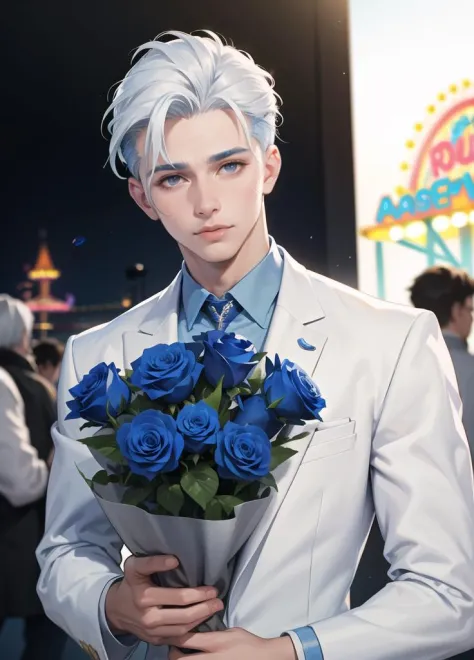 best quality,masterpiece,highres,realistic,(depth of field|amusement park), 1male,upper body,(bouquet|blue rose),(white hair|blu...