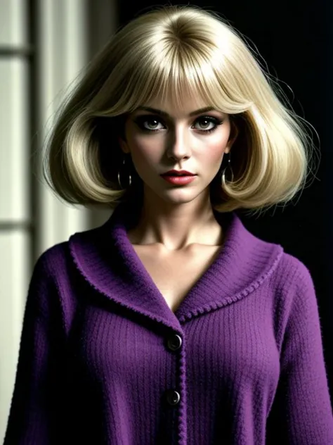 a close up of a woman with blonde hair wearing a purple sweater