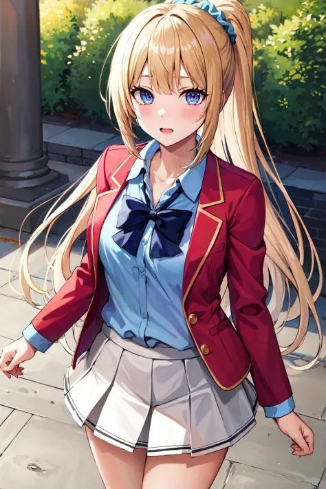 masterpiece, best quality, highres, bbkei, long hair, blonde hair, ponytail, hair scrunchie, collarbone, blue bowtie, collared s...