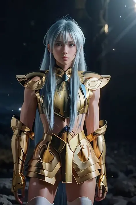 masterpiece, best quality,highly detailed RAW color Photo, sharp focus, 8k high definition, 1girl, long hair, turtle neck, close up photo, female wearing armor, light blue hair, helmet, leg armor, shoulder armor, long hair, yellow armor, reflection on armor, headset, yellow head band, sparking armor, white skin tight transparent vinyl, at night, from lower, <lora:saintSeiyaZodiac_v11:0.8> AquariusArmor, standing strait, (gold armor:1.2) <lora:xsarchitectural_12nightmoonsciFi:0.3> moonlight reflection, sacredness , landscape, bright (facial freckles:0.1), <lora:hipoly3DModelLora_v10:0.01>, <lora:theovercomer8sContrastFix_sd15:0.6> to8contrast style, posing in a dark studio, (rim lighting,:1.4) two tone lighting, octane, unreal, dimly lit, (low key:1.3),