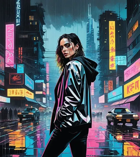 (Eliza Dushku,a girl with a beautiful face), nighttime, cyberpunk city, dark, raining, neon lights, ((Wearing a blazer over a hoodie)), blazer, hoodie,(cyberpunk 2077 cityscape), (<lora:neowrskXL:0.5> neowrsk,gaint,huge ), cyberpunk 2077, cyberpunk, synthwave, 1980s, futurism, brutalism, neuromancer, cinematic photo,, art by Agnes Cecile,Radial balance, Sunrise, Water, Ellipse, ultra detailed, intricate,,((art by James Bolivar Manson)),Background is stunning 17th century european village scenery, detailed and intricate environment, oil painting, palette knife soft brushstrokes, heavy strokes, dripping paint, art station on trend, sharp focus, intricate details, highly detailed