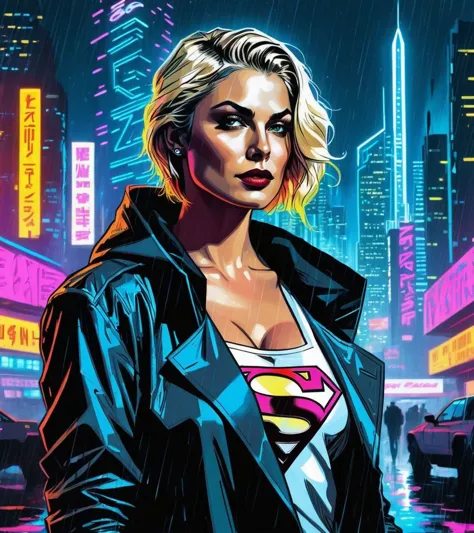 a woman in a black jacket and a superman shirt standing in the rain