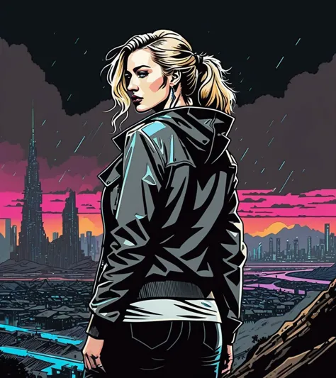 (Blake Lively,a girl with a beautiful face), nighttime, cyberpunk city, dark, raining, neon lights, ((Wearing a blazer over a hoodie)), blazer, hoodie,(cyberpunk 2077 cityscape), (<lora:neowrskXL:0.5> neowrsk,gaint,huge ), cyberpunk 2077, cyberpunk, synthwave, 1980s, futurism, brutalism, neuromancer, cinematic photo,, Amid the ruins of a once-majestic fortress, a soldier pauses, her silhouette ghostly against the backdrop of shifting terrains that oscillate between detailed battle maps and molten landscapes, Tornado, Barren trees, Menacing,,(huge breasts), toned, fit, (21yo), a 25-year-old woman, detailed face, petite figure, detailed skin texture, pale skin, thigh gap,art by Adrian Tomine