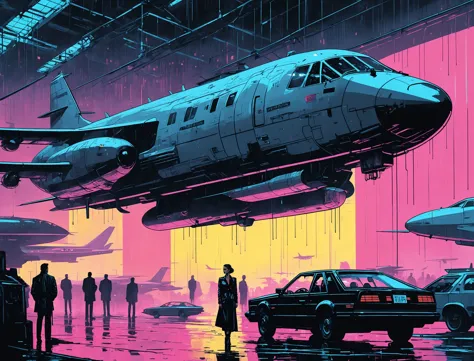 illustration of a plane flying over a group of people in a hangar