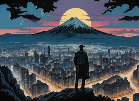 a man standing on top of a mountain looking at a city