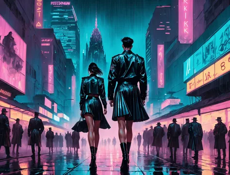 (MECHELLE), nighttime, cyberpunk city, dark, raining, neon lights , (<lora:Neon Night:0.5> Neon Night,<lora:neowrskXL:0.5> neowrsk,gaint,huge ), cyberpunk, synthwave, 1980s, futurism, brutalism, neuromancer, cinematic photo in budapest, (pleated skirt,polo shirt,leather jacket),leads a group of rebels,art by Jakub Rozalski, 1920+ Poland