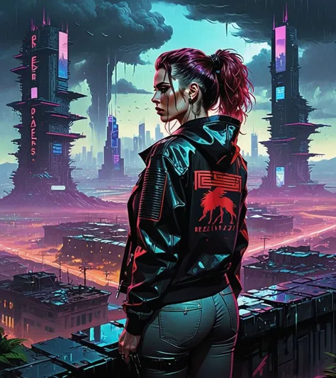 a woman in a leather jacket standing on a ledge looking at a city