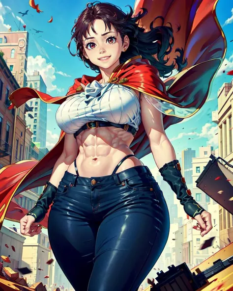 1girl, (skinny muscular),(look at viewer:1.1), big smile,
confident, heroicly, 
blood_red-color cape-float, (strong wind:1.2),
big breast, narrow waist, wide pelvic, thick thigh,
suit-pants,
blue sky, skyscrapers,
(realistic skin_details, sharp focus, masterpiece,best quality,finely detailed,extremely detailed, realistic detail,clear_image,realistic, high_resolution,distinct_image) <lora:xxNIKICHENxx_v0.1a-000002:0.8>