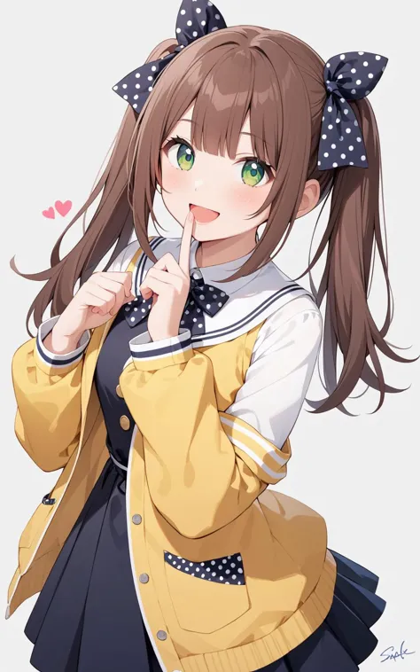 anime girl with long hair and a yellow jacket holding a finger to her lips