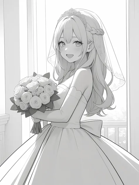 monochrome,greyscale,lineart,sketch,open mouth, smile, happy,
dress, wedding dress, 1girl, flower, bouquet, veil, solo, long hair, gloves, blush, elbow gloves, bare shoulders, jewelry, braid, necklace,