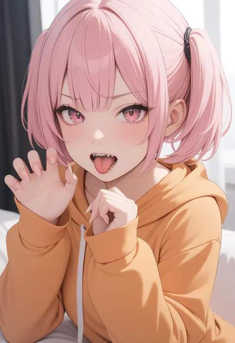 a close up of a person with pink hair and a hoodie