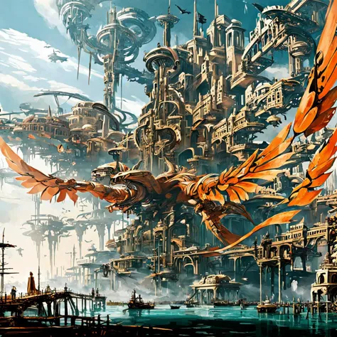 kasukanrasty, masterpiece, a wide view of a futuristic sci-fi aquatic city, an intricate mythical cybertech orange phoenix megas...