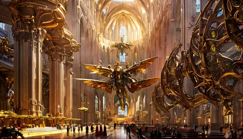 kasukanrasty, a wide interior view of a futuristic cathedral, golden hour, mechanical angels flying in the air, intricate