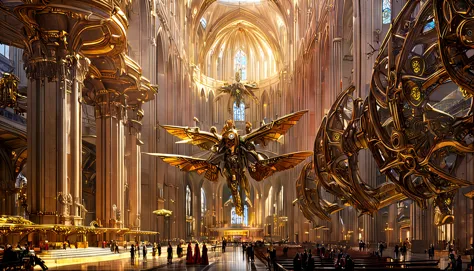 there are many people walking in a large cathedral with a large gold angel