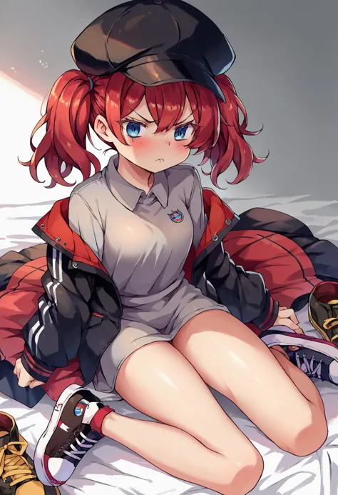 anime girl sitting on a bed with her legs crossed