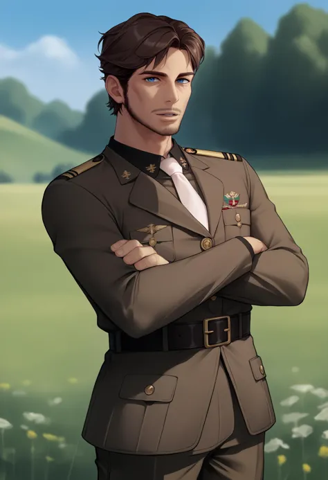 a cartoon picture of a man in a uniform standing in a field