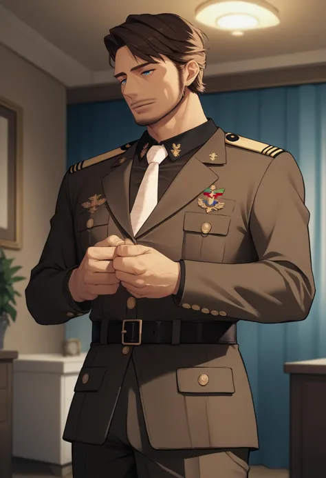 score_9, score_8_up, score_7_up, source_anime BREAK <lora:Andersen-JeloXL:0.9> jeloandersen, mature male, brown hair, blue eyes, facial hair, brown jacket, white necktie, belt, brown pants, indoors, standing, military uniform,